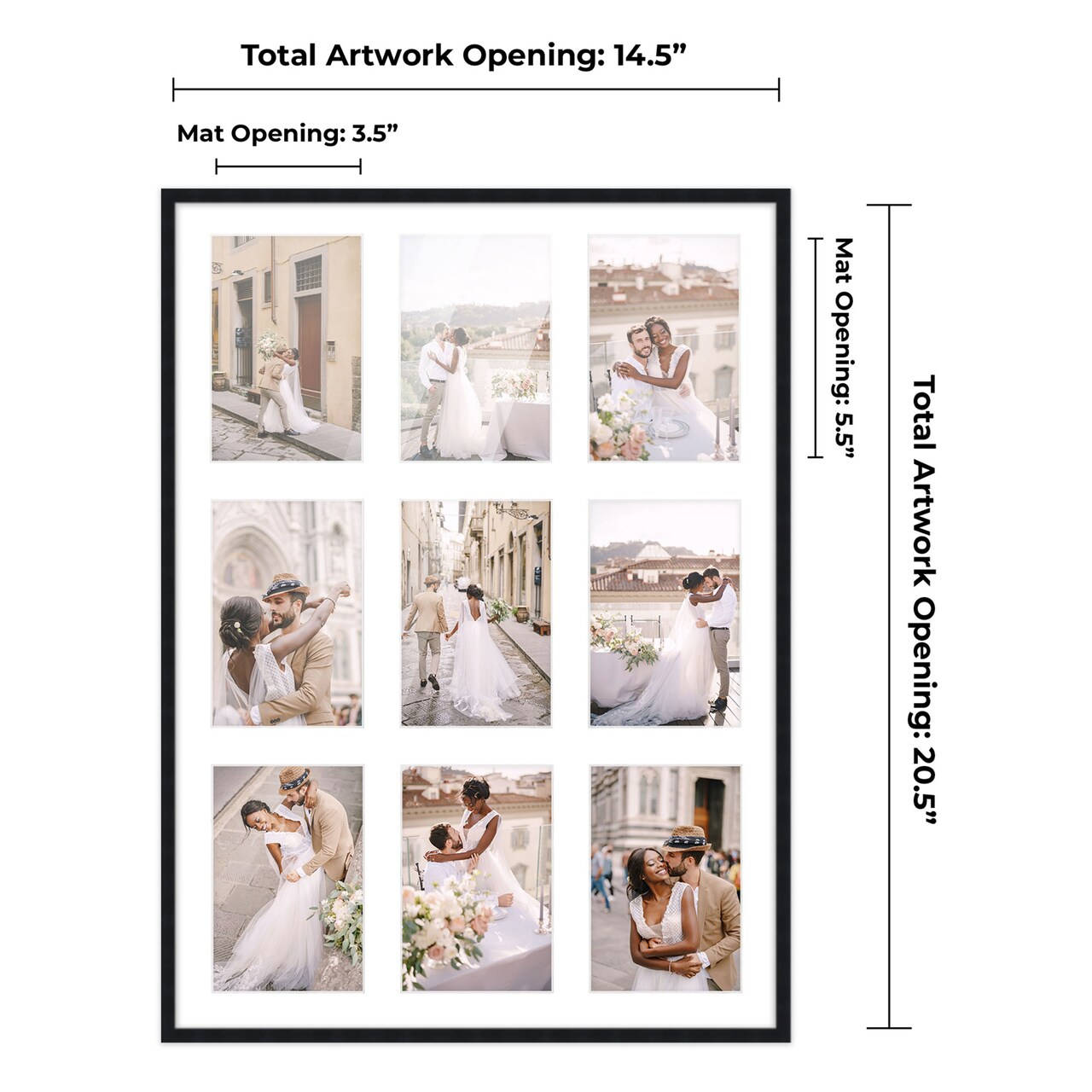 Black Finish Collage Frame - White Mat, 20 Frame Sizes to Choose From, UV Acrylic, Wall Hanging Hardware, Vertical or Horizontal Display